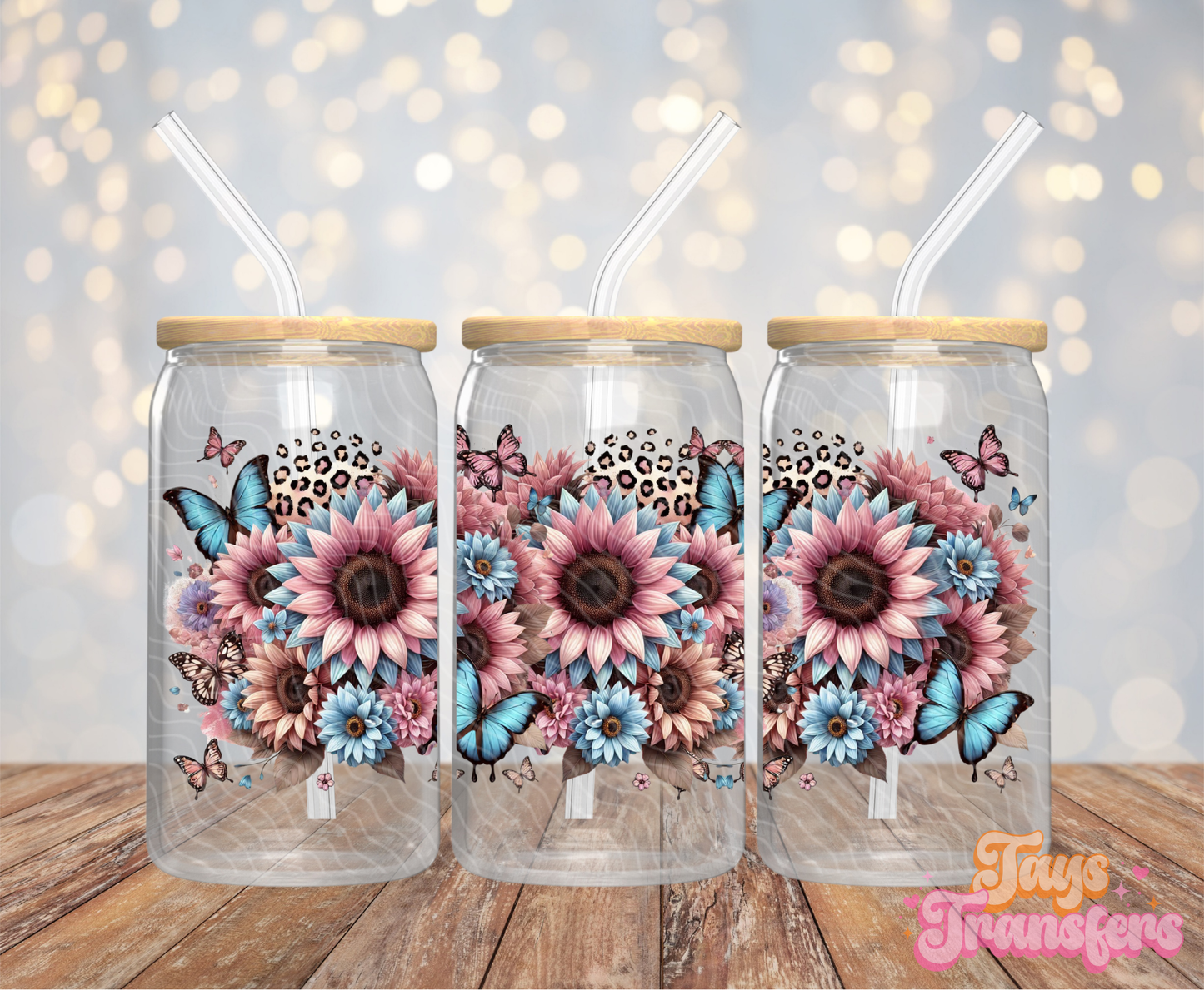 Blue/Pink Flowers - 16OZ UV DTF Wrap