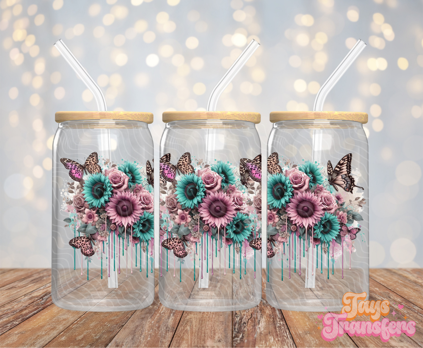 Pink/Teal Flowers - 16OZ UV DTF Wrap