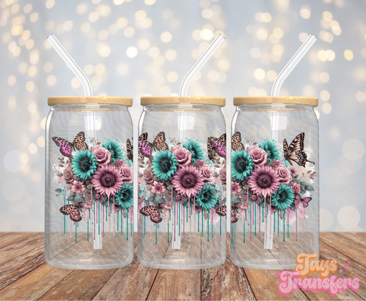 Pink/Teal Flowers - 16OZ UV DTF Wrap