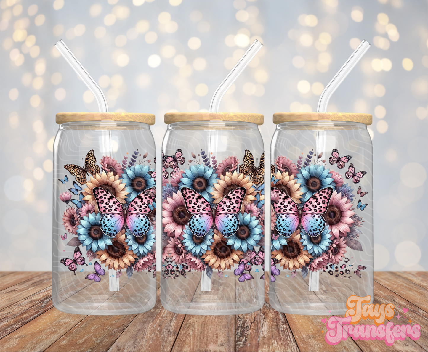 Pink/Blue Leopard Butterflies - 16OZ UV DTF Wrap